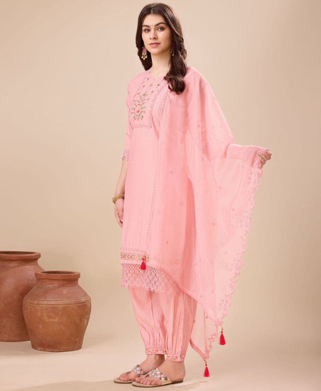 Peach Viscose Silk Embroidered Kurta Set with Afghani Salwar