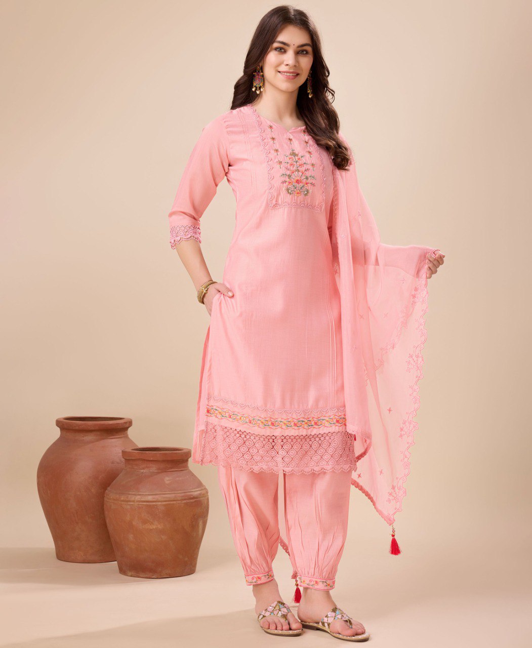 Peach Viscose Silk Embroidered Kurta Set with Afghani Salwar