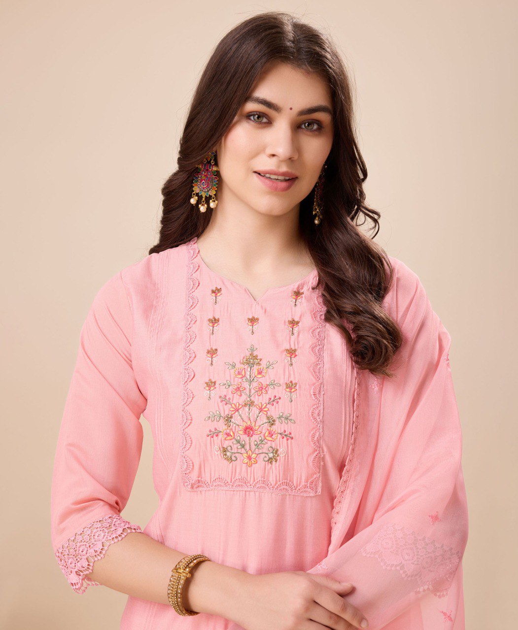 Peach Viscose Silk Embroidered Kurta Set with Afghani Salwar