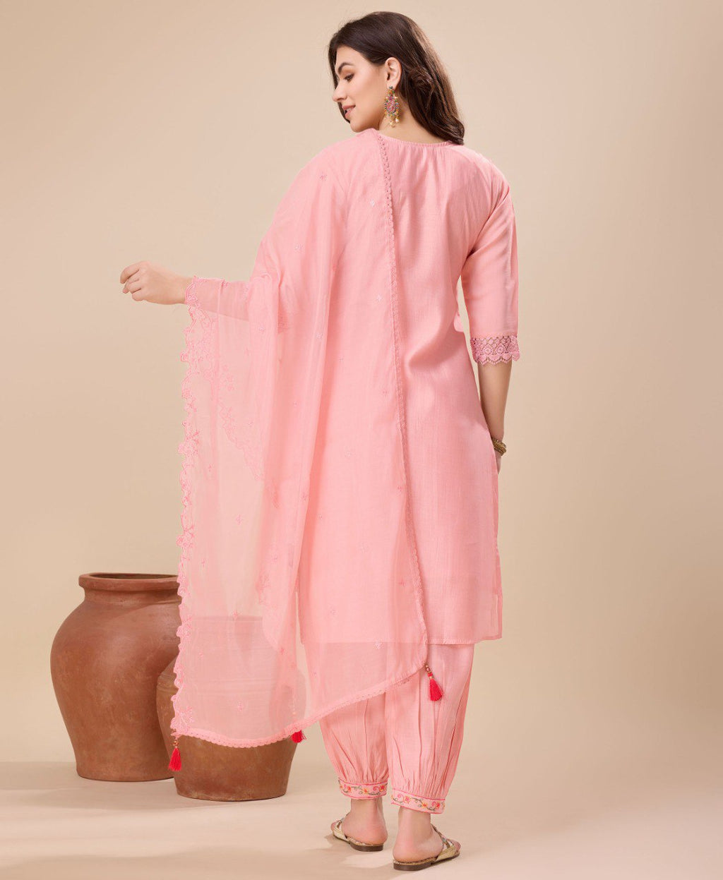 Peach Viscose Silk Embroidered Kurta Set with Afghani Salwar