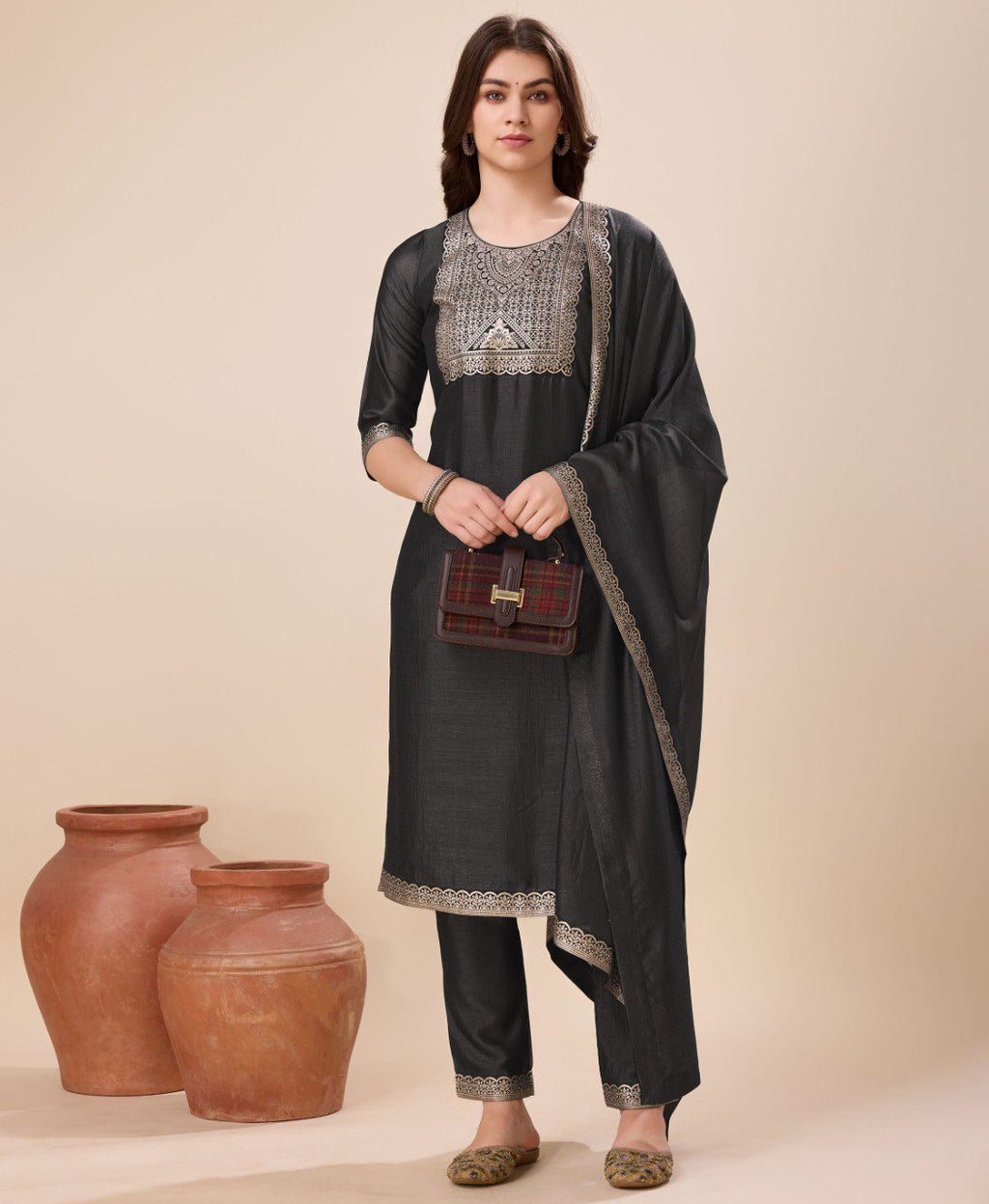 Black Vichitra Silk Jacquard Salwar Suit Set