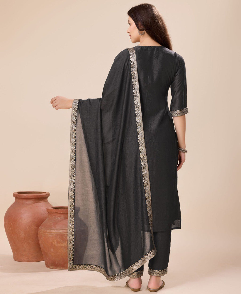Black Vichitra Silk Jacquard Salwar Suit Set