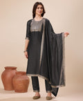 Black Vichitra silk salwar suit with elegant jacquard patterns