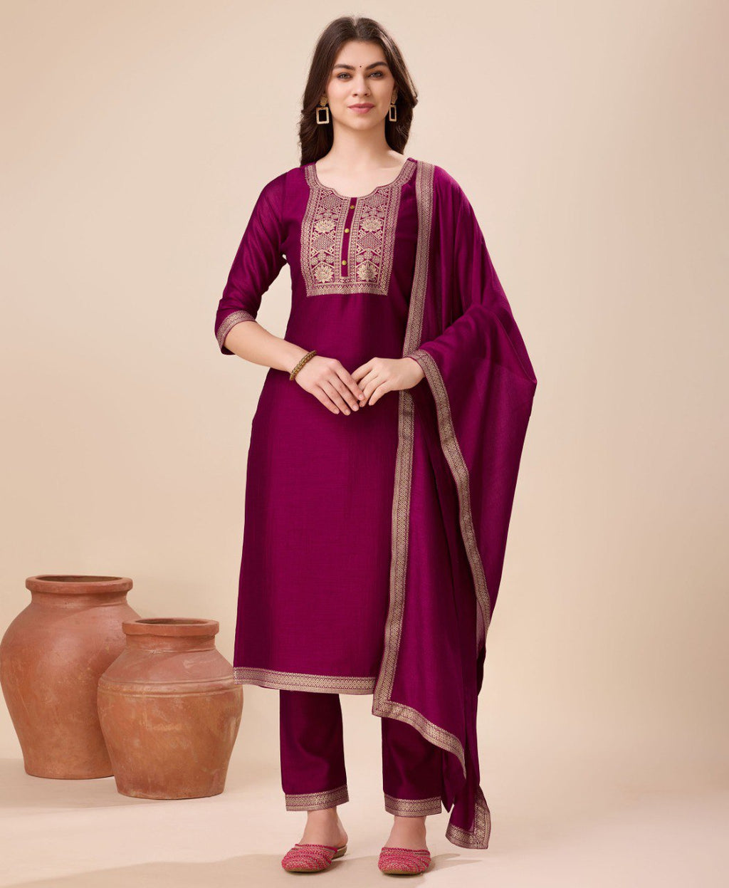 Elegant Wine Vichitra Silk Jacquard Salwar Suit with intricate prints