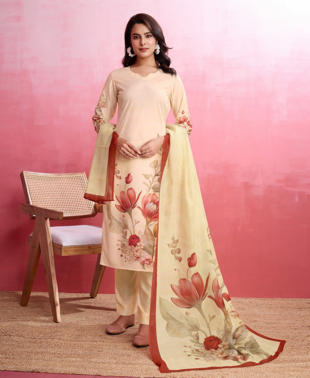 Elegant beige printed crepe kurta set for women