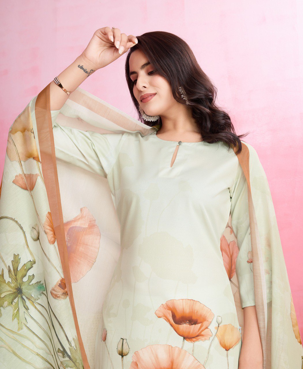 Cream Crepe Printed Designer Kurta Set for Women