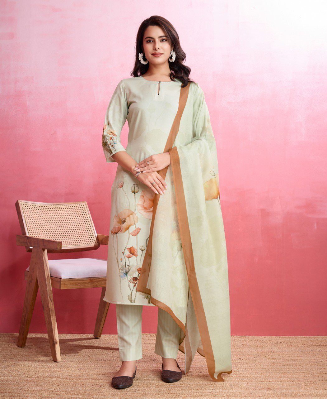 Cream colored crepe kurta set with floral prints for women