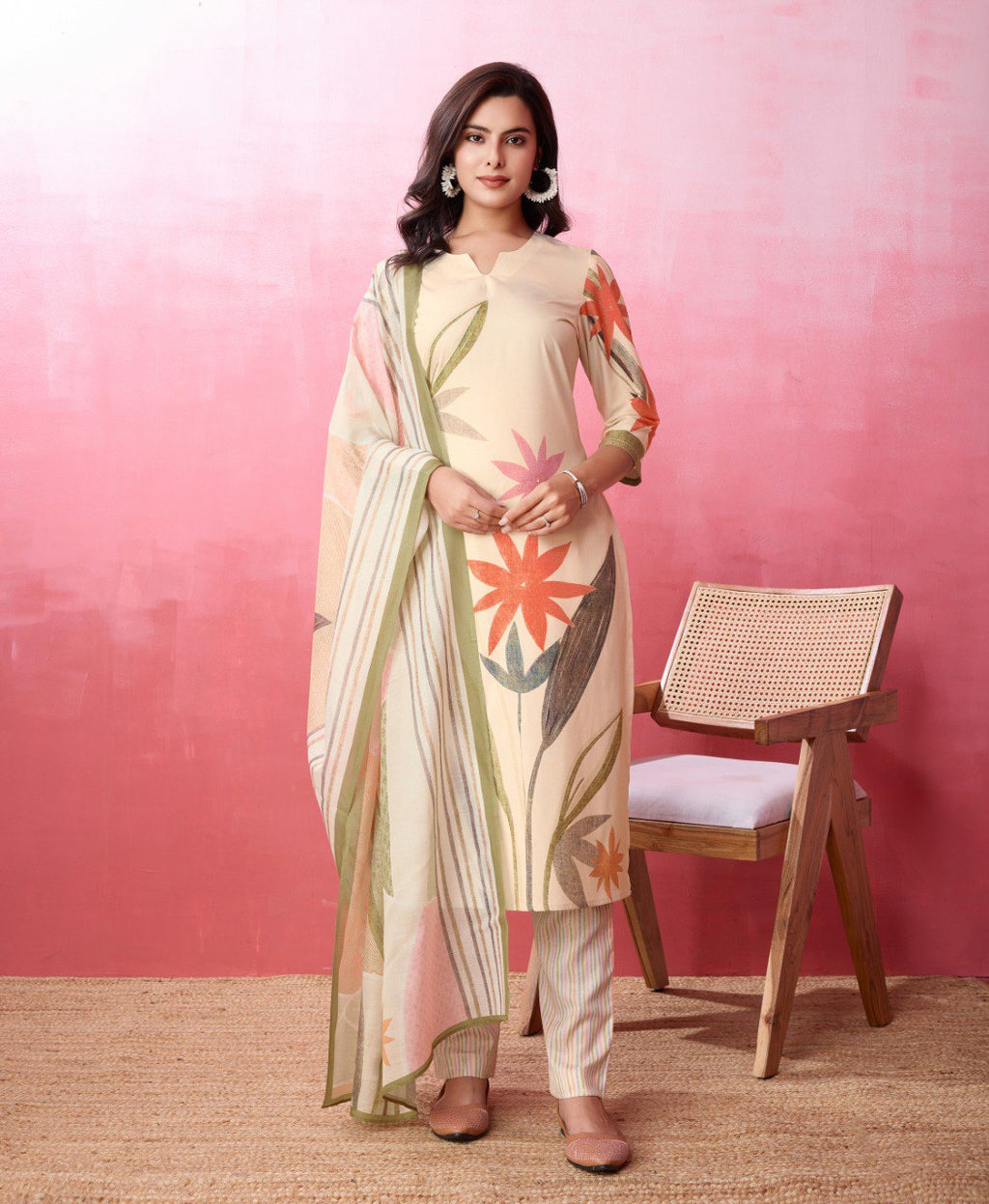 Woman wearing an Off White printed crepe designer kurta set with elegant detailing