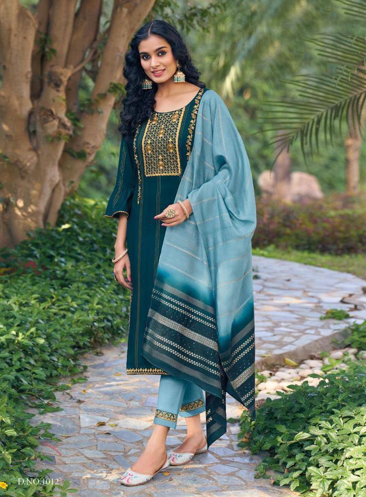 Woman wearing a Rama Green Viscose Rayon embroidered salwar suit with intricate patterns