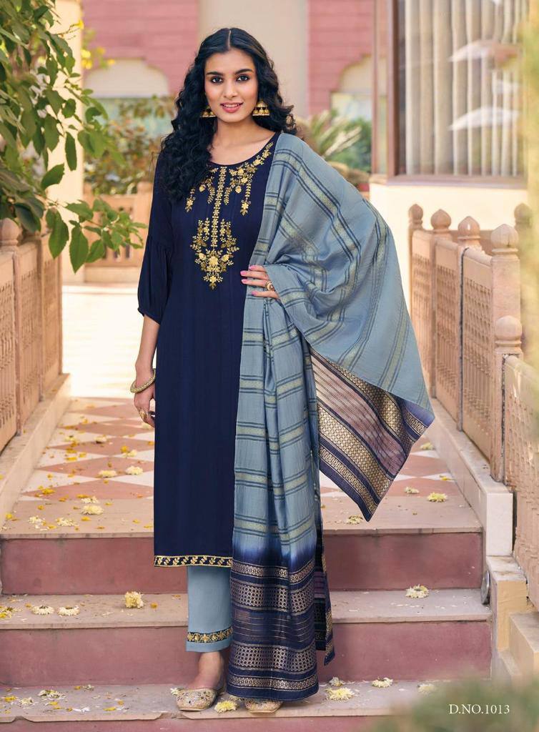 Beautiful blue viscose rayon salwar suit with detailed ethnic embroidery
