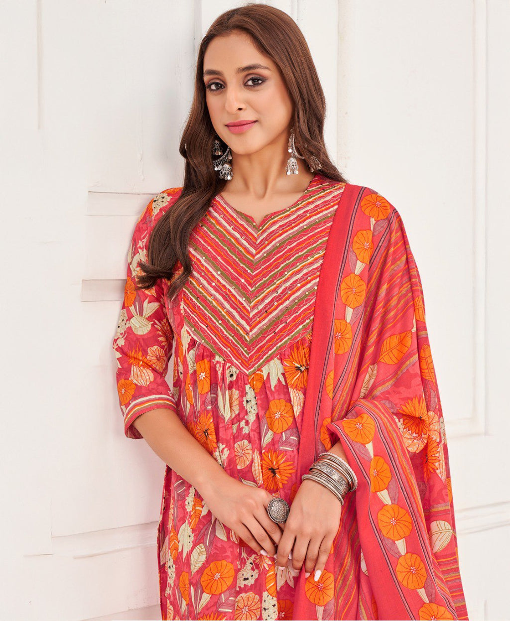 Peach Cotton Kurta Set with Foil Print for Women