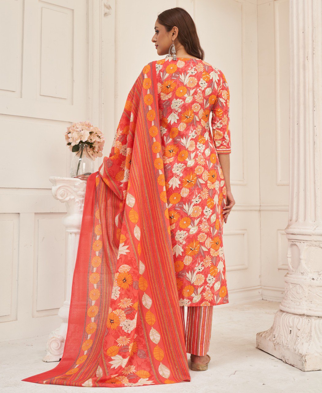 Peach Cotton Kurta Set with Foil Print for Women