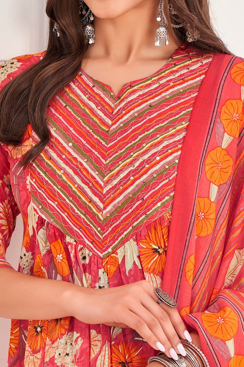 Peach Cotton Kurta Set with Foil Print for Women