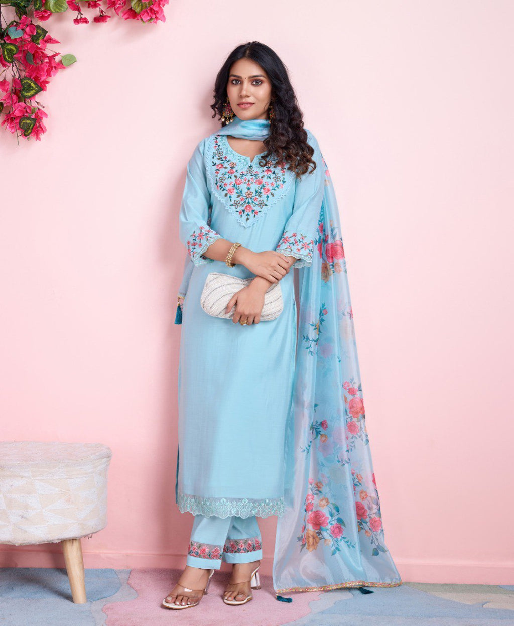 Sky Blue Viscose Silk Embroidered Kurta Set for Women