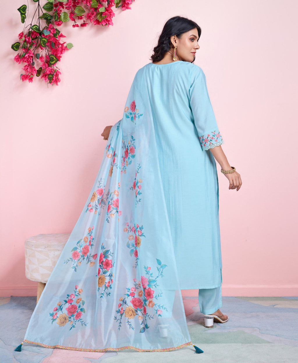Sky Blue Viscose Silk Embroidered Kurta Set for Women