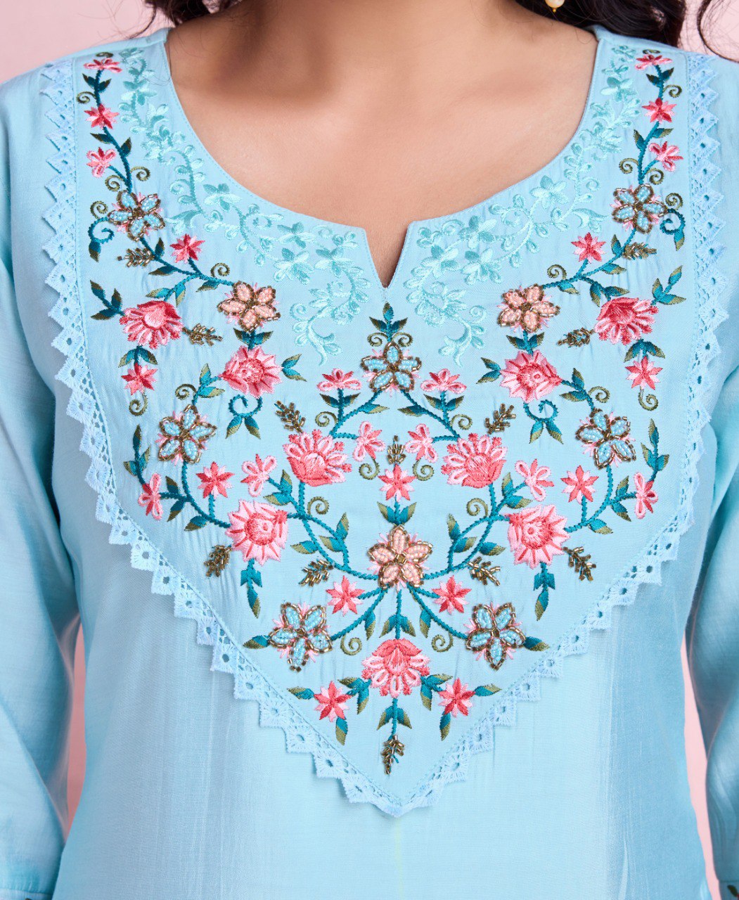 Sky Blue Viscose Silk Embroidered Kurta Set for Women