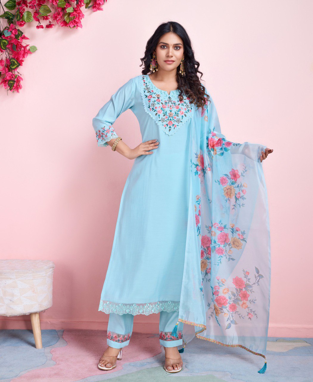 Sky blue viscose silk embroidered kurta set featuring delicate stitching details