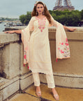 Front view of an Off-White Chanderi Silk Chikankari embroidered kurta set with matching dupatta