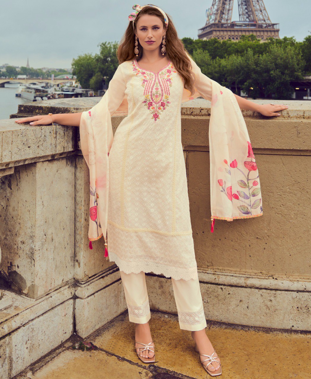 Front view of an Off-White Chanderi Silk Chikankari embroidered kurta set with matching dupatta