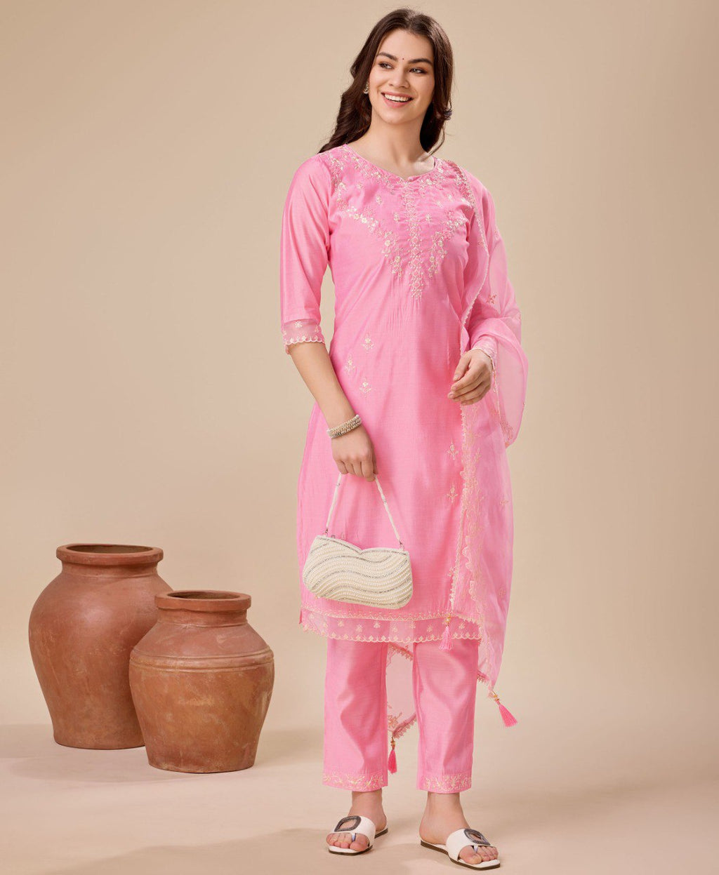 Pink Viscose Silk Embroidered Kurta Set for Women
