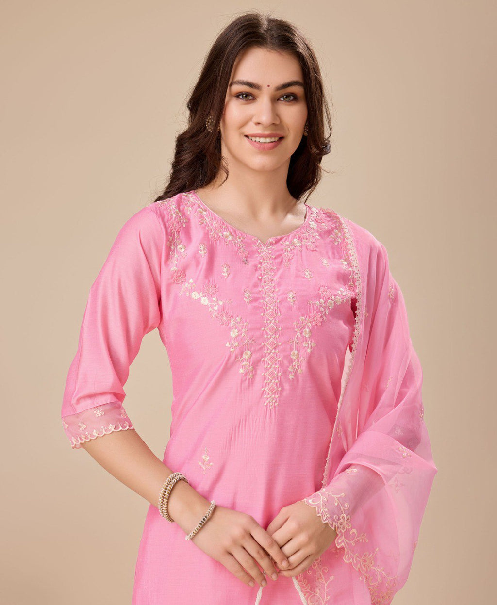 Pink Viscose Silk Embroidered Kurta Set for Women