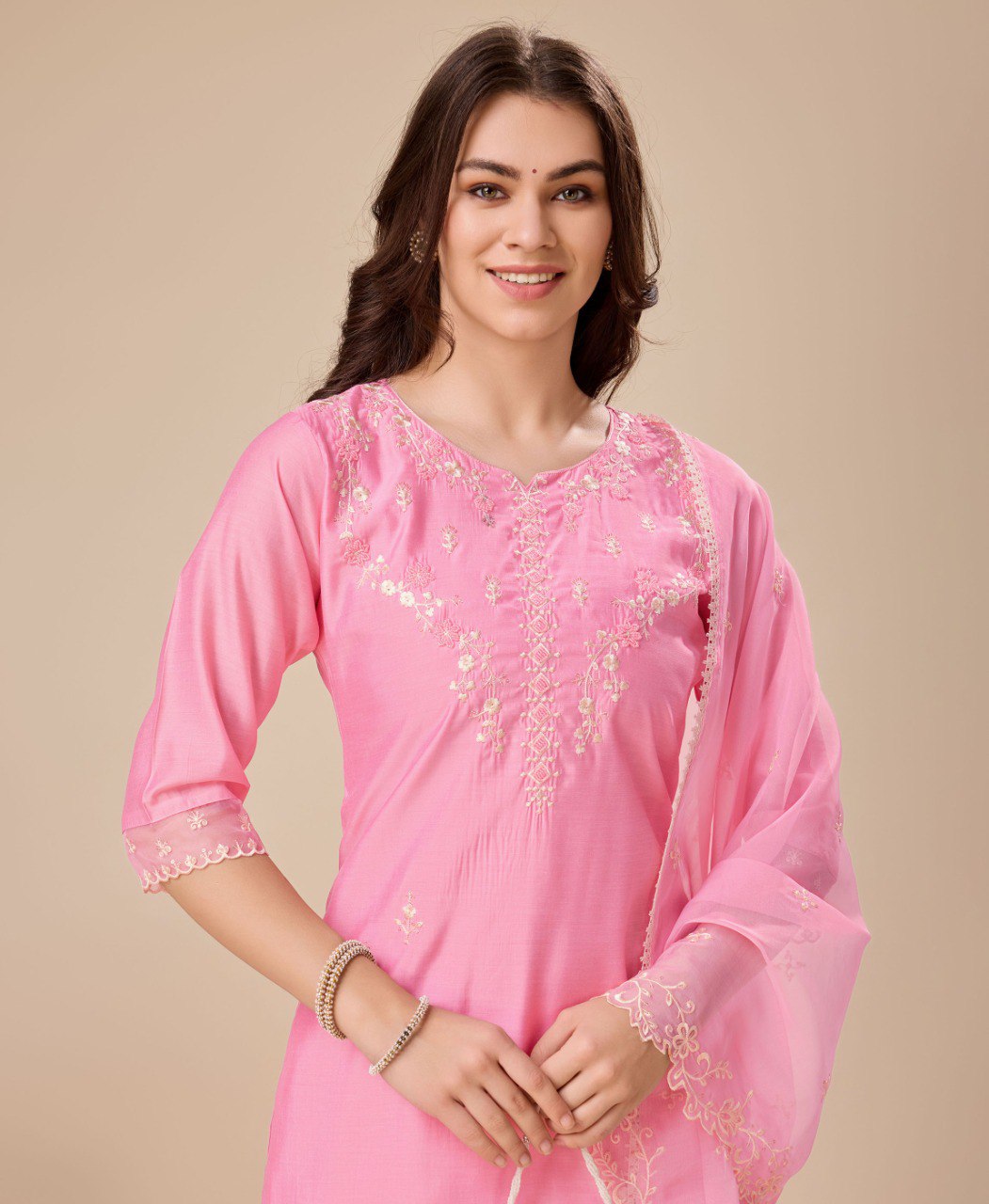 Pink Viscose Silk Embroidered Kurta Set for Women