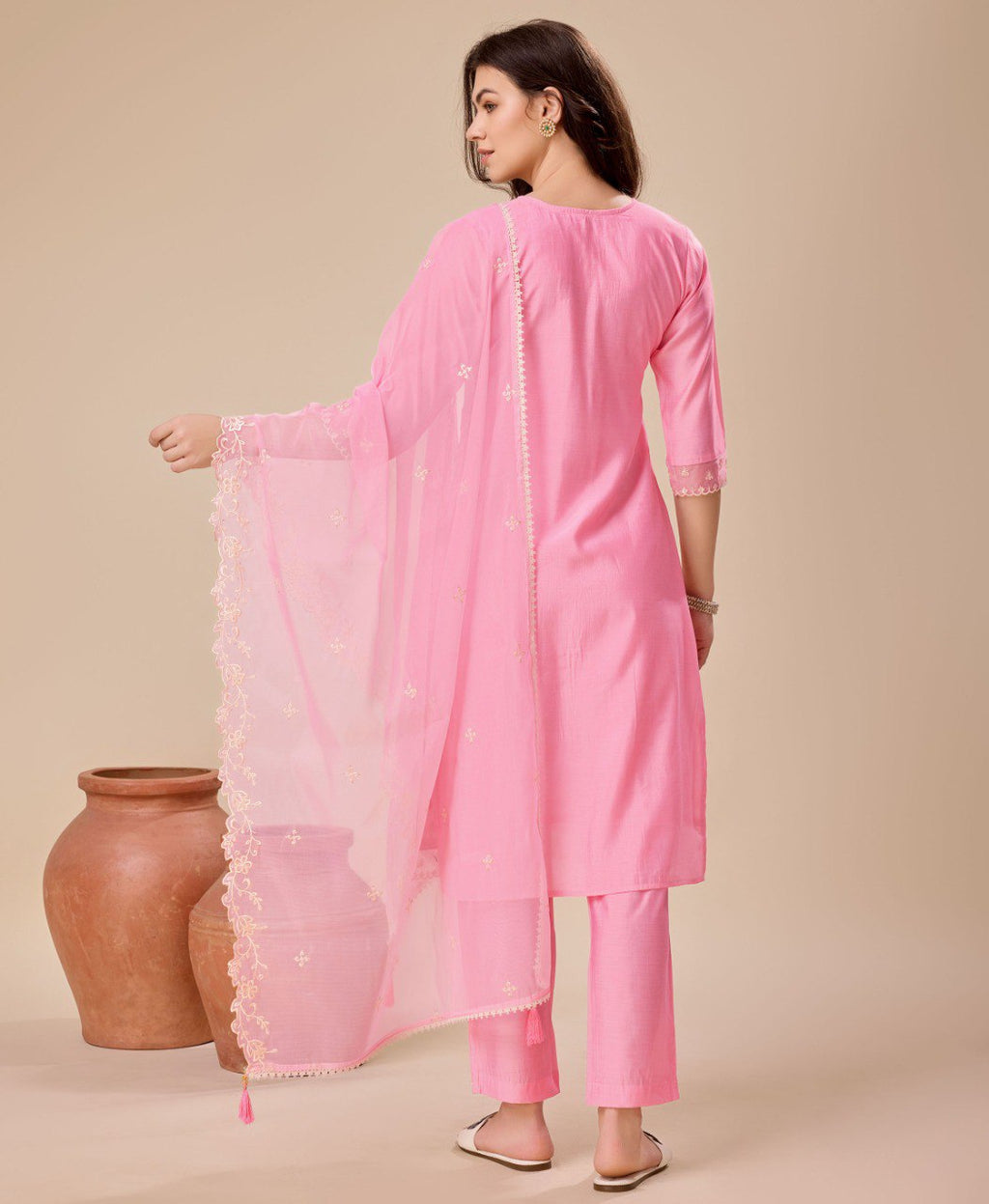 Pink Viscose Silk Embroidered Kurta Set for Women