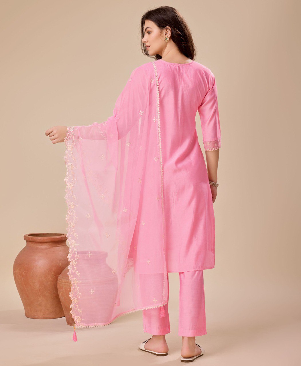 Pink Viscose Silk Embroidered Kurta Set for Women