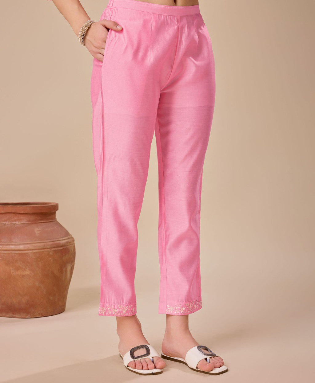 Pink Viscose Silk Embroidered Kurta Set for Women