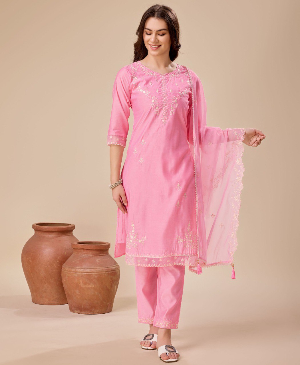 Elegant pink viscose silk kurta set with intricate embroidery for women