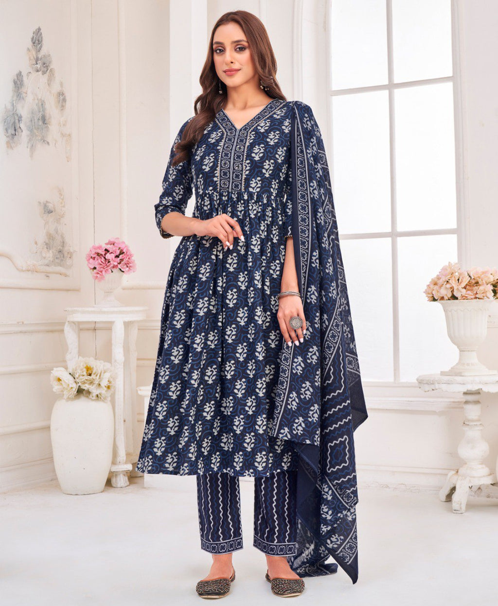 Navy Blue Pure Cotton Kurta Set with Geometric Gold Foil Print
