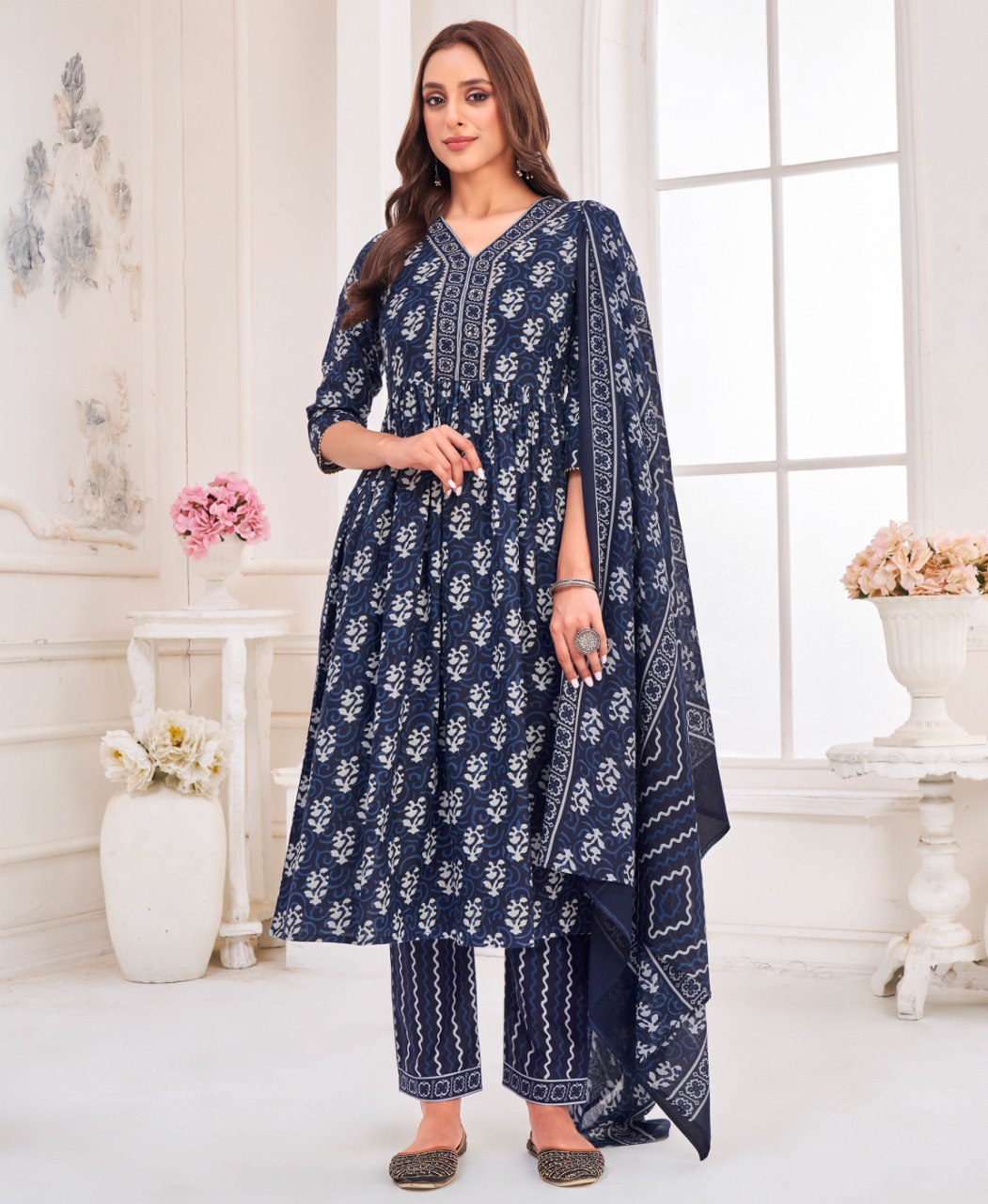 Navy Blue Pure Cotton Kurta Set with Geometric Gold Foil Print