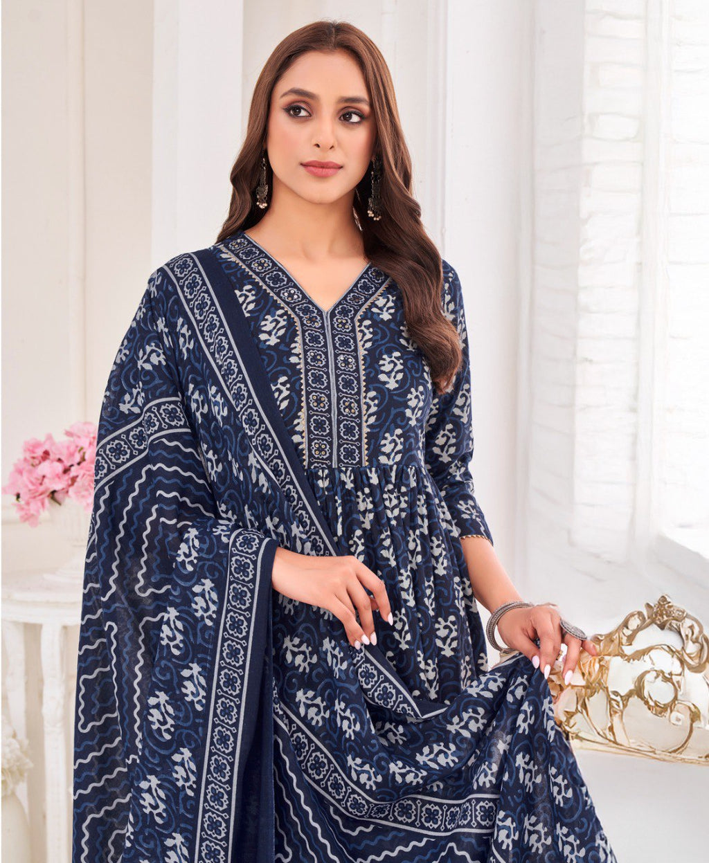 Navy Blue Pure Cotton Kurta Set with Geometric Gold Foil Print
