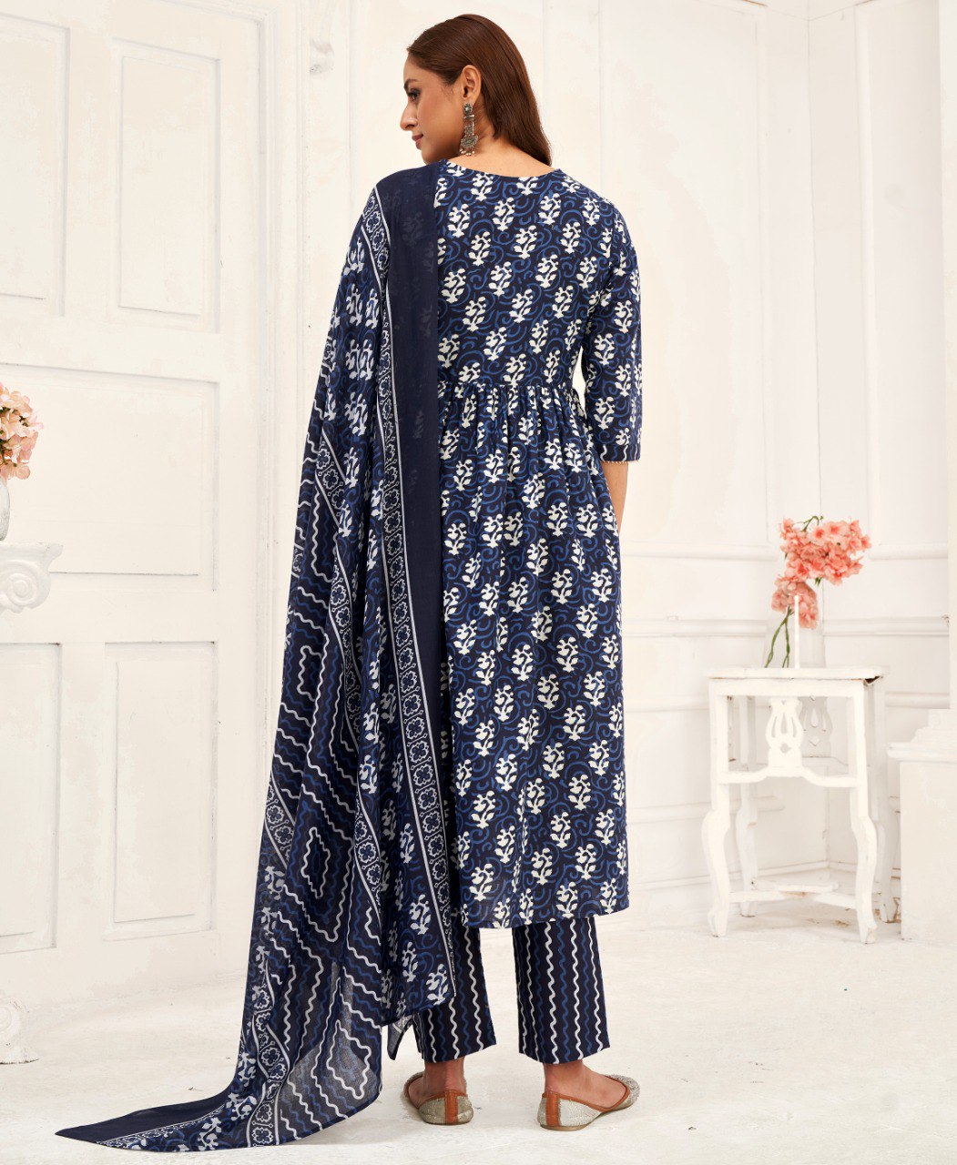 Navy Blue Pure Cotton Kurta Set with Geometric Gold Foil Print