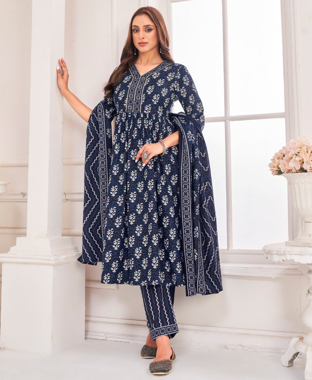 Navy Blue pure cotton kurta set with geometric gold foil print details