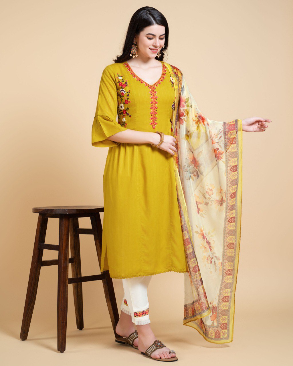 Yellow Rayon Embroidered Kurta Set for Women
