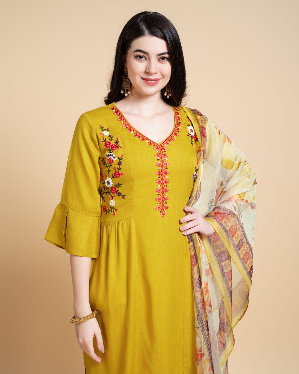 Yellow Rayon Embroidered Kurta Set for Women