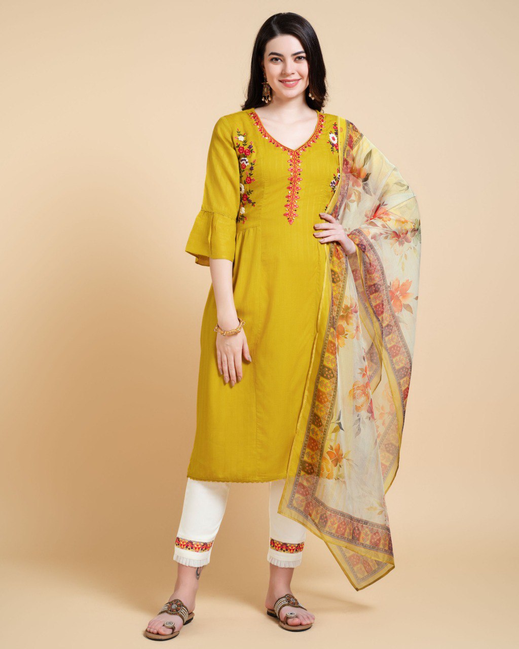 Vibrant yellow embroidered rayon kurta set for women