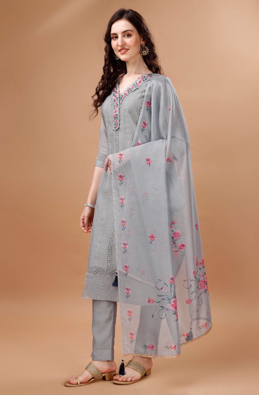 Light Grey Chanderi Silk Chikankari Kurta Set