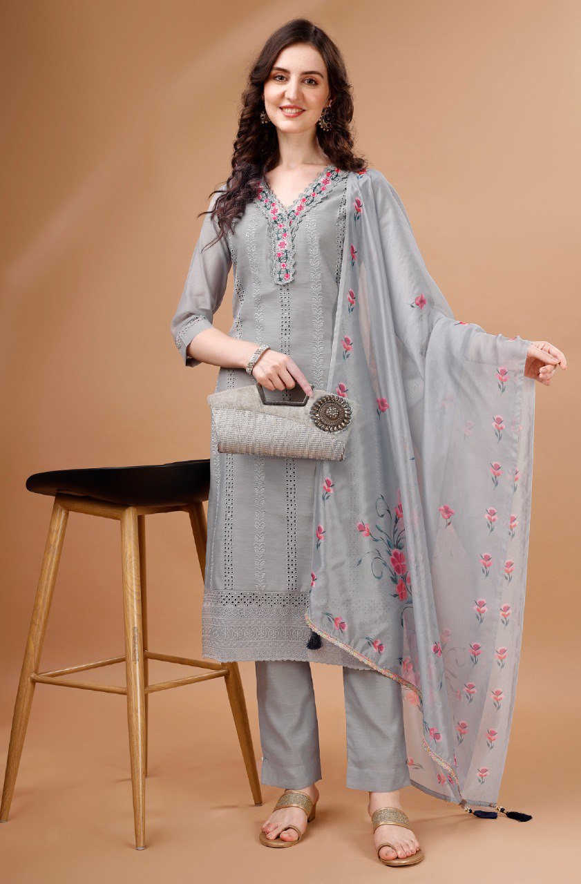 Light Grey Chanderi Silk Chikankari Kurta Set