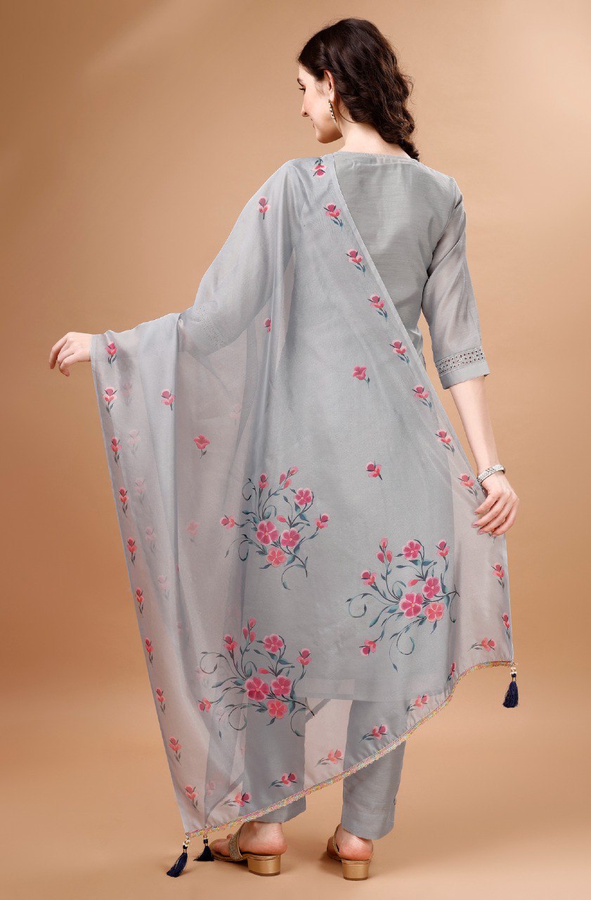 Light Grey Chanderi Silk Chikankari Kurta Set