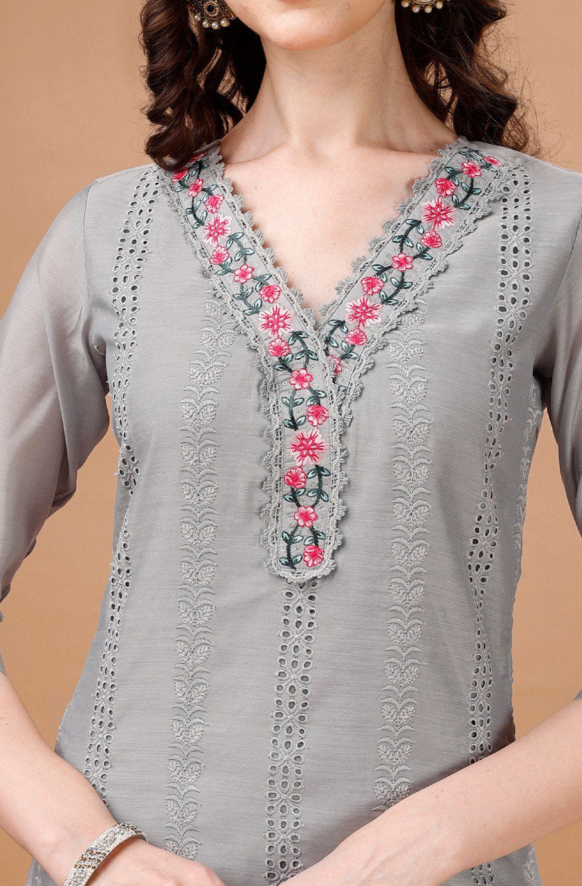 Light Grey Chanderi Silk Chikankari Kurta Set