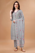 Close up of Light Grey Chanderi Silk Kurta with intricate Chikankari embroidery