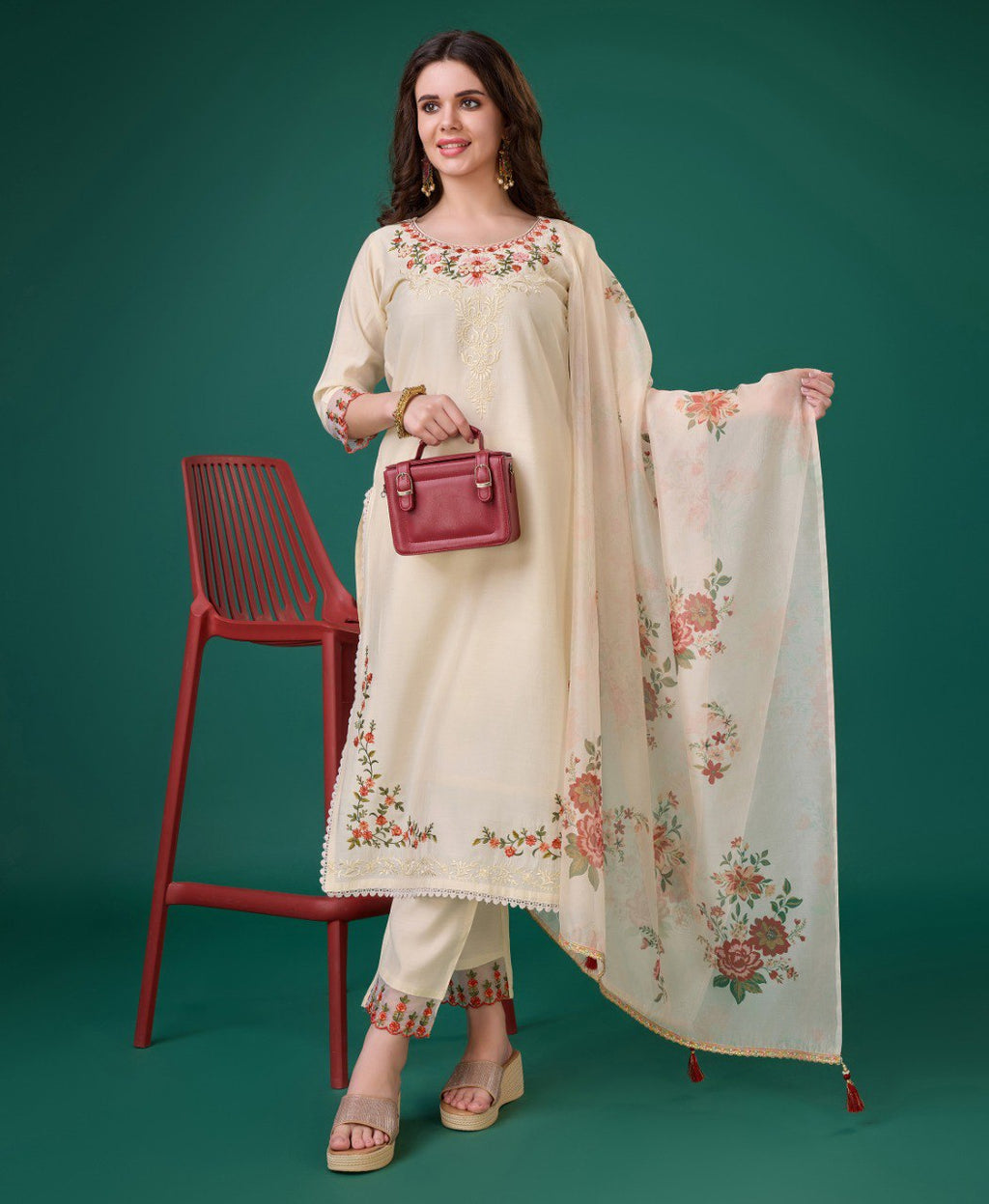 Cream Viscose Silk Embroidered Kurta Set for Women
