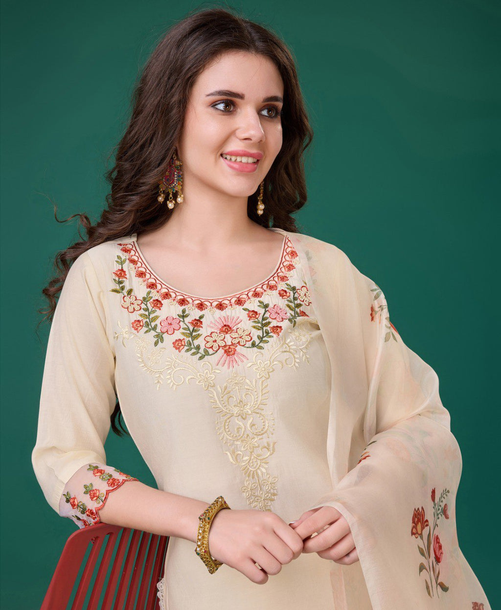 Cream Viscose Silk Embroidered Kurta Set for Women