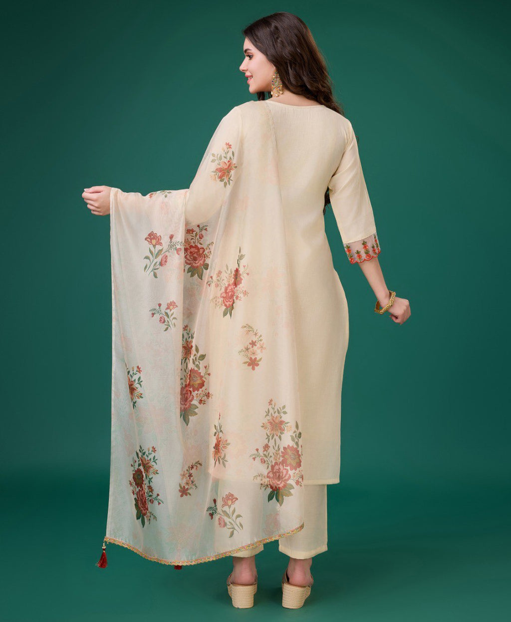 Cream Viscose Silk Embroidered Kurta Set for Women