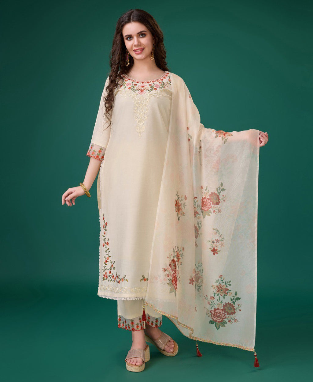 Classic Cream Viscose Silk Embroidered Kurta Set with intricate detailing