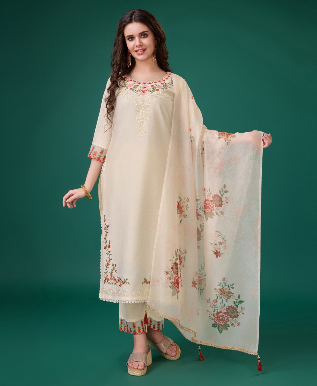Classic Cream Viscose Silk Embroidered Kurta Set with intricate detailing
