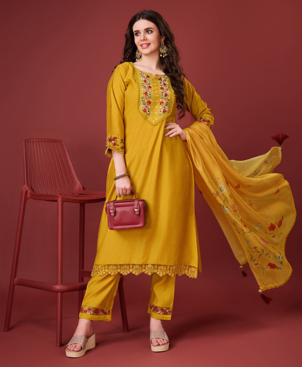 Yellow Viscose Silk Embroidered Kurta Set for Women