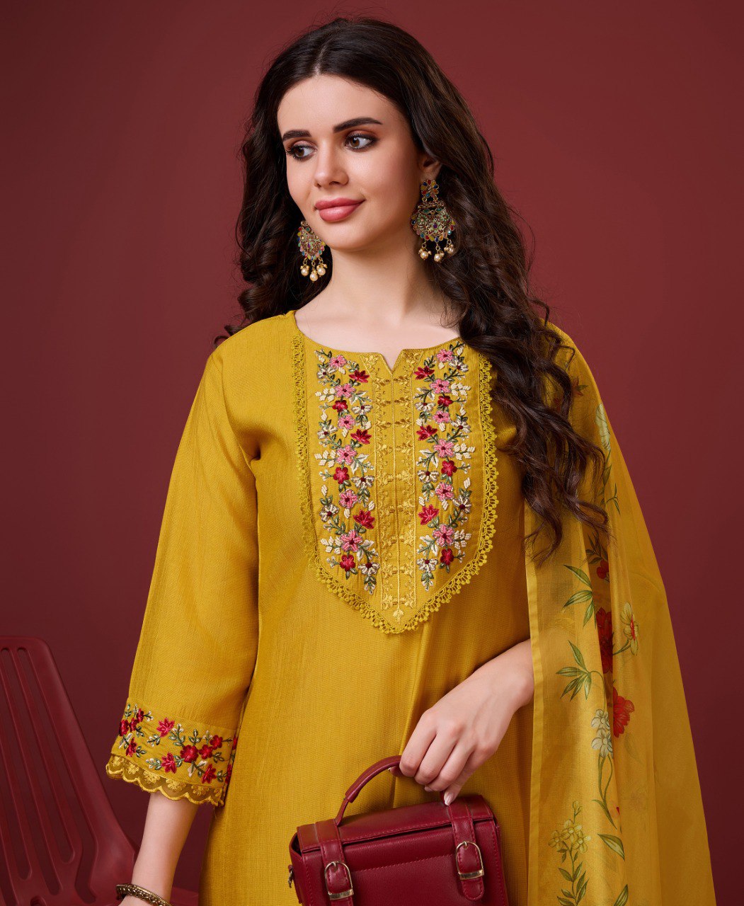 Yellow Viscose Silk Embroidered Kurta Set for Women
